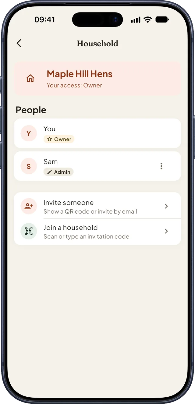 Household: the flock's members and their roles, with invite by QR code or email